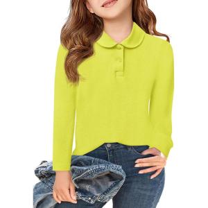 Haloumoning Girls Long Sleeve Polo Shirts Kids Peter Pan Collar School Uniform Shirts Cute Tops 5-14Y(Fluorescent Green)