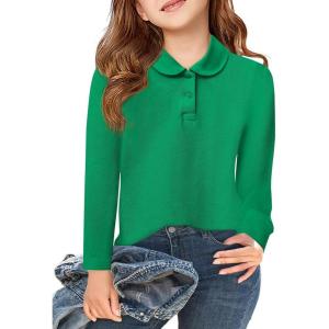 Haloumoning Girls Long Sleeve Polo Shirts Kids Peter Pan Collar School Uniform Shirts Cute Tops 5-14Y(Green)