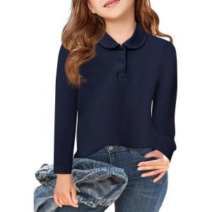 Haloumoning Girls Long Sleeve Polo Shirts Kids Peter Pan Collar School Uniform Shirts Cute Tops 5-14Y(Navy)