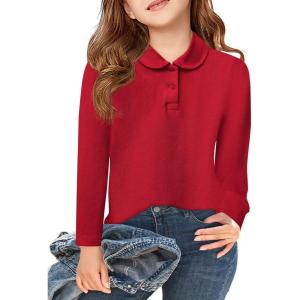 Haloumoning Girls Long Sleeve Polo Shirts Kids Peter Pan Collar School Uniform Shirts Cute Tops 5-14Y(Red)