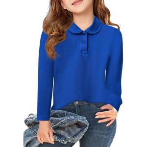 Haloumoning Girls Long Sleeve Polo Shirts Kids Peter Pan Collar School Uniform Shirts Cute Tops 5-14Y(Royal Blue)