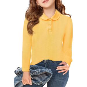 Haloumoning Girls Long Sleeve Polo Shirts Kids Peter Pan Collar School Uniform Shirts Cute Tops 5-14Y(Yellow)