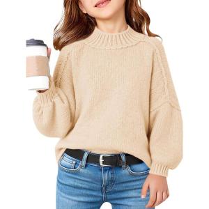 Haloumoning Girls Oversized Sweater Kids Batwing Long Sleeve Mock Neck Pullover Fall Clothes 5-14Y(Beige)