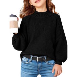 Haloumoning Girls Oversized Sweater Kids Batwing Long Sleeve Mock Neck Pullover Fall Clothes 5-14Y(Black)