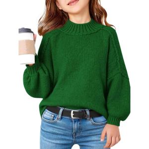 Haloumoning Girls Oversized Sweater Kids Batwing Long Sleeve Mock Neck Pullover Fall Clothes 5-14Y(Blackish Green)