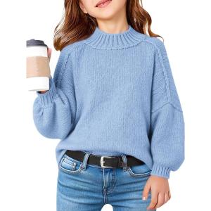 Haloumoning Girls Oversized Sweater Kids Batwing Long Sleeve Mock Neck Pullover Fall Clothes 5-14Y(Blue)