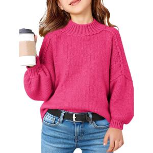 Haloumoning Girls Oversized Sweater Kids Batwing Long Sleeve Mock Neck Pullover Fall Clothes 5-14Y(Hot Pink)
