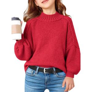 Haloumoning Girls Oversized Sweater Kids Batwing Long Sleeve Mock Neck Pullover Fall Clothes 5-14Y(Red)