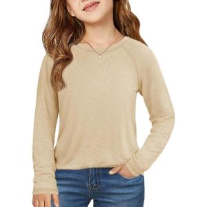 Haloumoning Girls Raglan Long Sleeve Shirts Kids Curve Hem Crewneck Tunic Tops Fashion T-Shirts 5-14Y(Apricot)