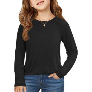 Haloumoning Girls Raglan Long Sleeve Shirts Kids Curve Hem Crewneck Tunic Tops Fashion T-Shirts 5-14Y(Black)