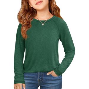 Haloumoning Girls Raglan Long Sleeve Shirts Kids Curve Hem Crewneck Tunic Tops Fashion T-Shirts 5-14Y(Deep Green)