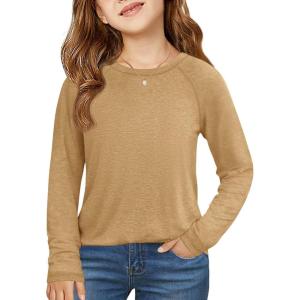 Haloumoning Girls Raglan Long Sleeve Shirts Kids Curve Hem Crewneck Tunic Tops Fashion T-Shirts 5-14Y(Khaki)