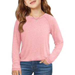 Haloumoning Girls Raglan Long Sleeve Shirts Kids Curve Hem Crewneck Tunic Tops Fashion T-Shirts 5-14Y(Light Pink)