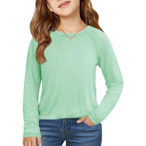Haloumoning Girls Raglan Long Sleeve Shirts Kids Curve Hem Crewneck Tunic Tops Fashion T-Shirts 5-14Y(Mint)