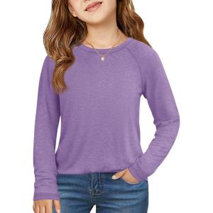 Haloumoning Girls Raglan Long Sleeve Shirts Kids Curve Hem Crewneck Tunic Tops Fashion T-Shirts 5-14Y(Purple)
