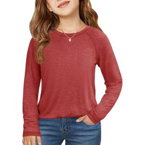 Haloumoning Girls Raglan Long Sleeve Shirts Kids Curve Hem Crewneck Tunic Tops Fashion T-Shirts 5-14Y(Red)