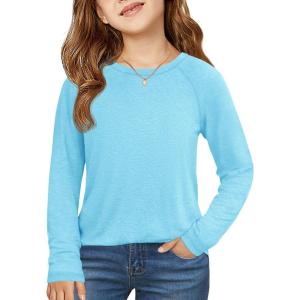 Haloumoning Girls Raglan Long Sleeve Shirts Kids Curve Hem Crewneck Tunic Tops Fashion T-Shirts 5-14Y(Sky Blue)