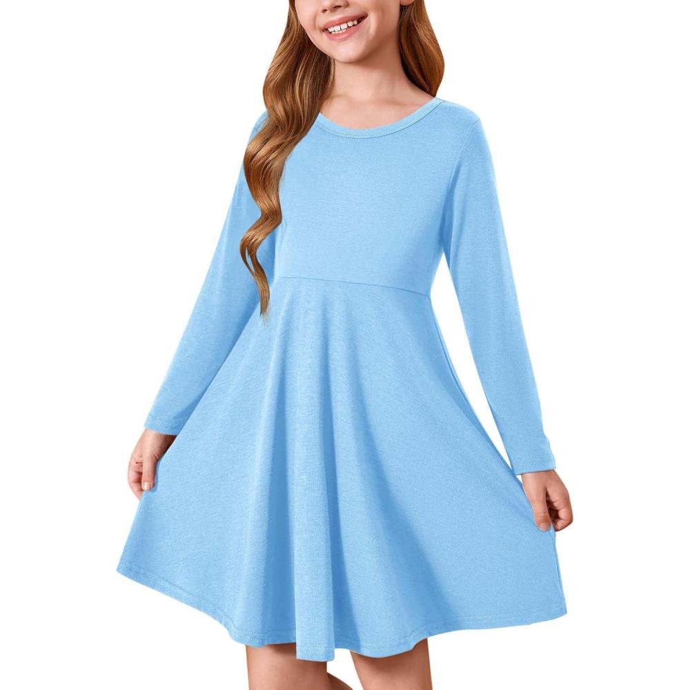 image:imageHaloumoning Girls Long Sleeve TShirt Dresses Kids Fall ALine Twirly Skater Dresses 514 YearsBlue