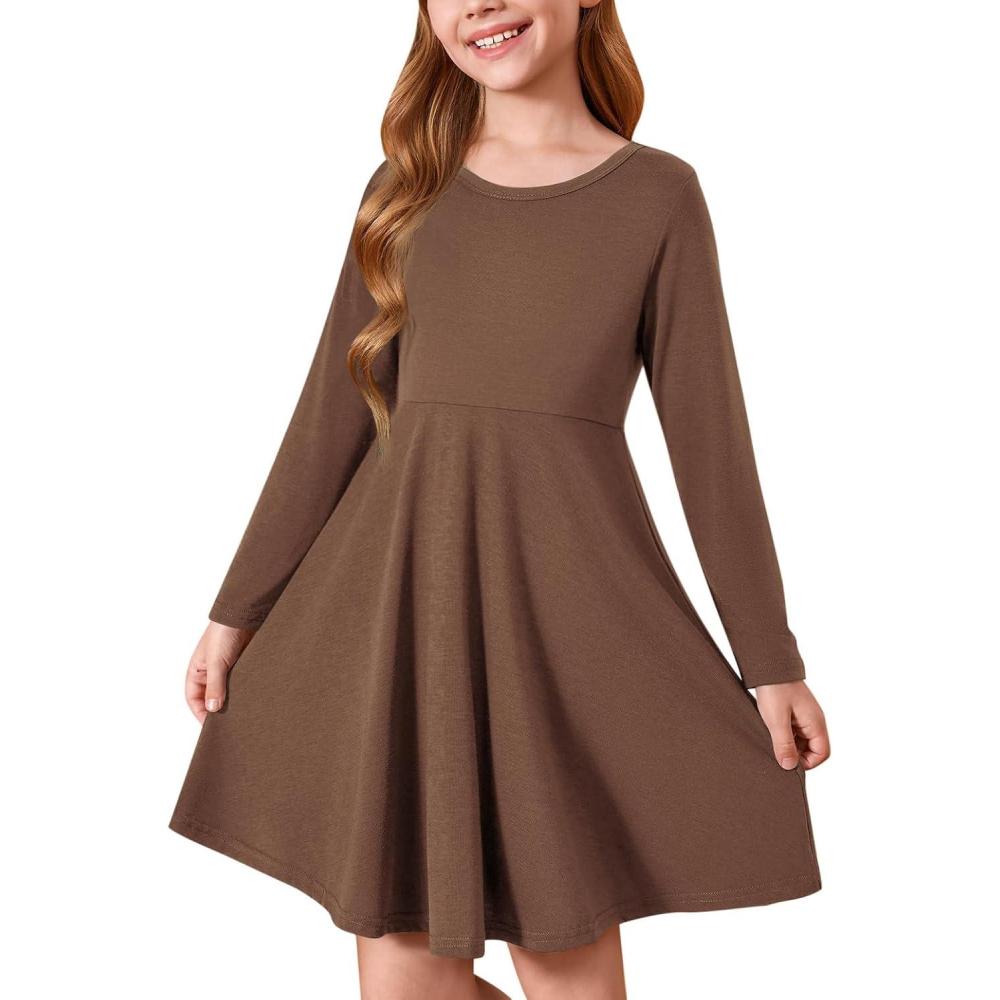 image:imageHaloumoning Girls Long Sleeve TShirt Dresses Kids Fall ALine Twirly Skater Dresses 514 YearsCoffee