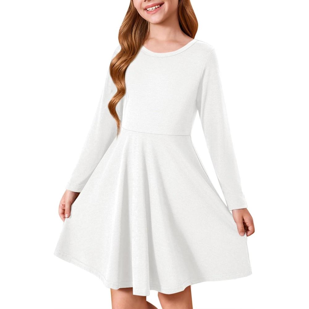 image:imageHaloumoning Girls Long Sleeve TShirt Dresses Kids Fall ALine Twirly Skater Dresses 514 YearsWhite