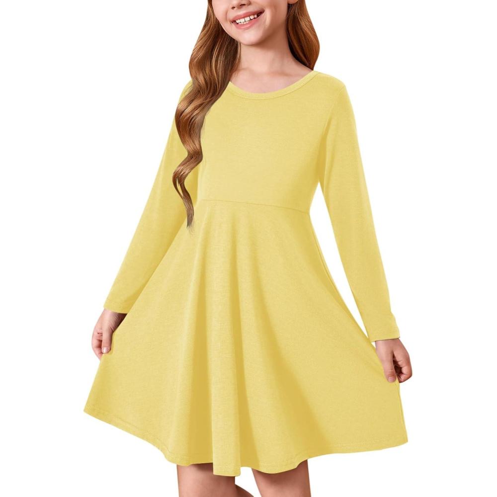 image:imageHaloumoning Girls Long Sleeve TShirt Dresses Kids Fall ALine Twirly Skater Dresses 514 YearsYellow