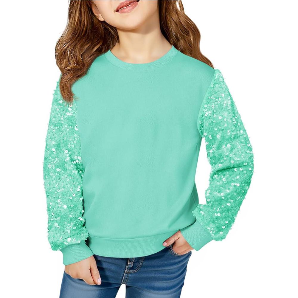 image:imageHaloumoning Girls Sequin Sweatshirt Kids Sparkle Long Sleeve Pullover Tops Fall Fashion Clothes 514 YearsLight Green