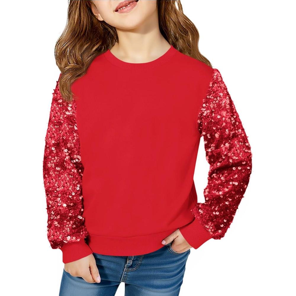 image:imageHaloumoning Girls Sequin Sweatshirt Kids Sparkle Long Sleeve Pullover Tops Fall Fashion Clothes 514 YearsRed