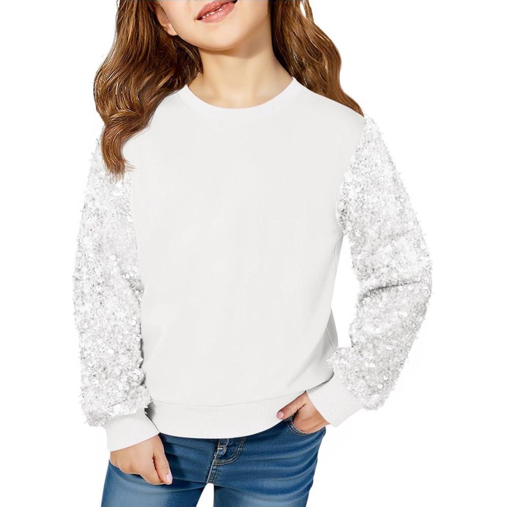 image:imageHaloumoning Girls Sequin Sweatshirt Kids Sparkle Long Sleeve Pullover Tops Fall Fashion Clothes 514 YearsWhite