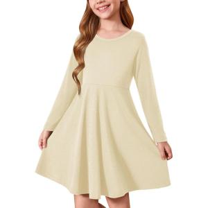 Haloumoning Girls Long Sleeve T-Shirt Dresses Kids Fall A-Line Twirly Skater Dresses 5-14 Years(Apricot)