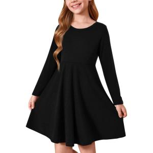 Haloumoning Girls Long Sleeve T-Shirt Dresses Kids Fall A-Line Twirly Skater Dresses 5-14 Years(Black)