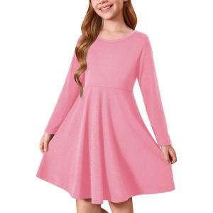 Haloumoning Girls Long Sleeve T-Shirt Dresses Kids Fall A-Line Twirly Skater Dresses 5-14 Years(Bright Pink)