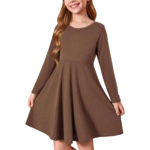 Haloumoning Girls Long Sleeve T-Shirt Dresses Kids Fall A-Line Twirly Skater Dresses 5-14 Years(Coffee)