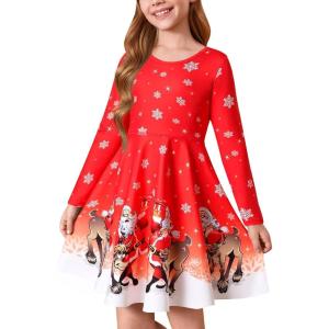Haloumoning Girls Long Sleeve T-Shirt Dresses Kids Fall A-Line Twirly Skater Dresses 5-14 Years(C-red)