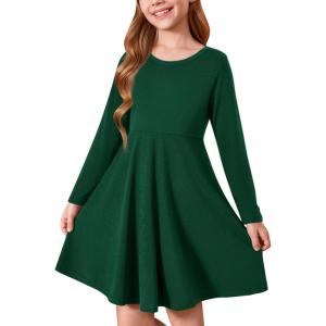 Haloumoning Girls Long Sleeve T-Shirt Dresses Kids Fall A-Line Twirly Skater Dresses 5-14 Years(Dark Green)