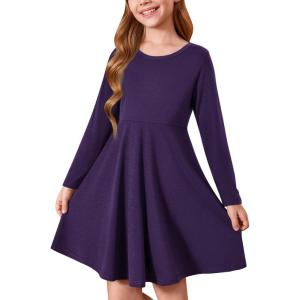 Haloumoning Girls Long Sleeve T-Shirt Dresses Kids Fall A-Line Twirly Skater Dresses 5-14 Years(Dark Purple)