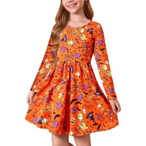Haloumoning Girls Long Sleeve T-Shirt Dresses Kids Fall A-Line Twirly Skater Dresses 5-14 Years(H-orange)