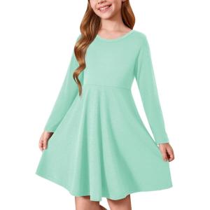 Haloumoning Girls Long Sleeve T-Shirt Dresses Kids Fall A-Line Twirly Skater Dresses 5-14 Years(Mint Green)