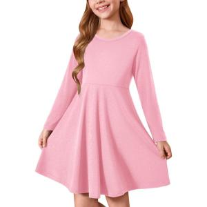 Haloumoning Girls Long Sleeve T-Shirt Dresses Kids Fall A-Line Twirly Skater Dresses 5-14 Years(Pink)