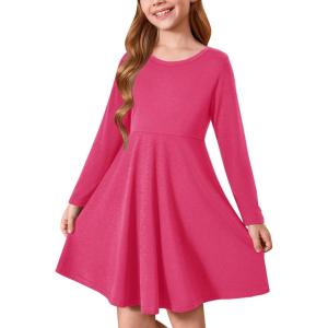 Haloumoning Girls Long Sleeve T-Shirt Dresses Kids Fall A-Line Twirly Skater Dresses 5-14 Years(Rose Red)