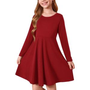 Haloumoning Girls Long Sleeve T-Shirt Dresses Kids Fall A-Line Twirly Skater Dresses 5-14 Years(Wine Red)