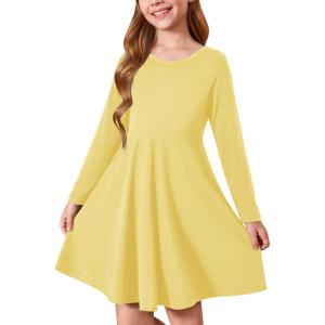 Haloumoning Girls Long Sleeve T-Shirt Dresses Kids Fall A-Line Twirly Skater Dresses 5-14 Years(Yellow)
