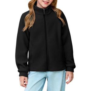 Haloumoning Girls Polar Fleece Jacket Kids Full Zip Lightweight Fall Winter Coat Outerwear with Pockets 5-14 Years(Black)