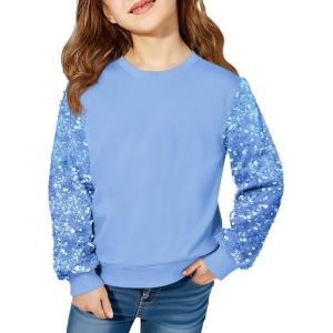 Haloumoning Girls Sequin Sweatshirt Kids Sparkle Long Sleeve Pullover Tops Fall Fashion Clothes 5-14 Years(Blue)