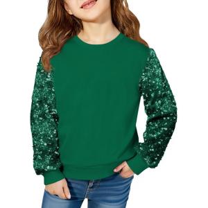 Haloumoning Girls Sequin Sweatshirt Kids Sparkle Long Sleeve Pullover Tops Fall Fashion Clothes 5-14 Years(Dark Green)