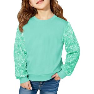 Haloumoning Girls Sequin Sweatshirt Kids Sparkle Long Sleeve Pullover Tops Fall Fashion Clothes 5-14 Years(Light Green)