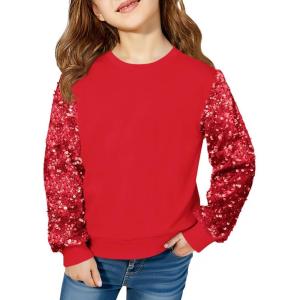 Haloumoning Girls Sequin Sweatshirt Kids Sparkle Long Sleeve Pullover Tops Fall Fashion Clothes 5-14 Years(Red)