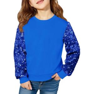 Haloumoning Girls Sequin Sweatshirt Kids Sparkle Long Sleeve Pullover Tops Fall Fashion Clothes 5-14 Years(Royal Blue)