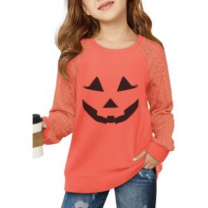 Haloumoning Girls Sweatshirts Kids Casual Cable Knit Long Sleeve Shirts Tunic Tops 4-14 Years(Halloween-orange)