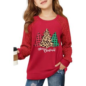 Haloumoning Girls Sweatshirts Kids Casual Cable Knit Long Sleeve Shirts Tunic Tops 4-14 Years(Xmas-red)