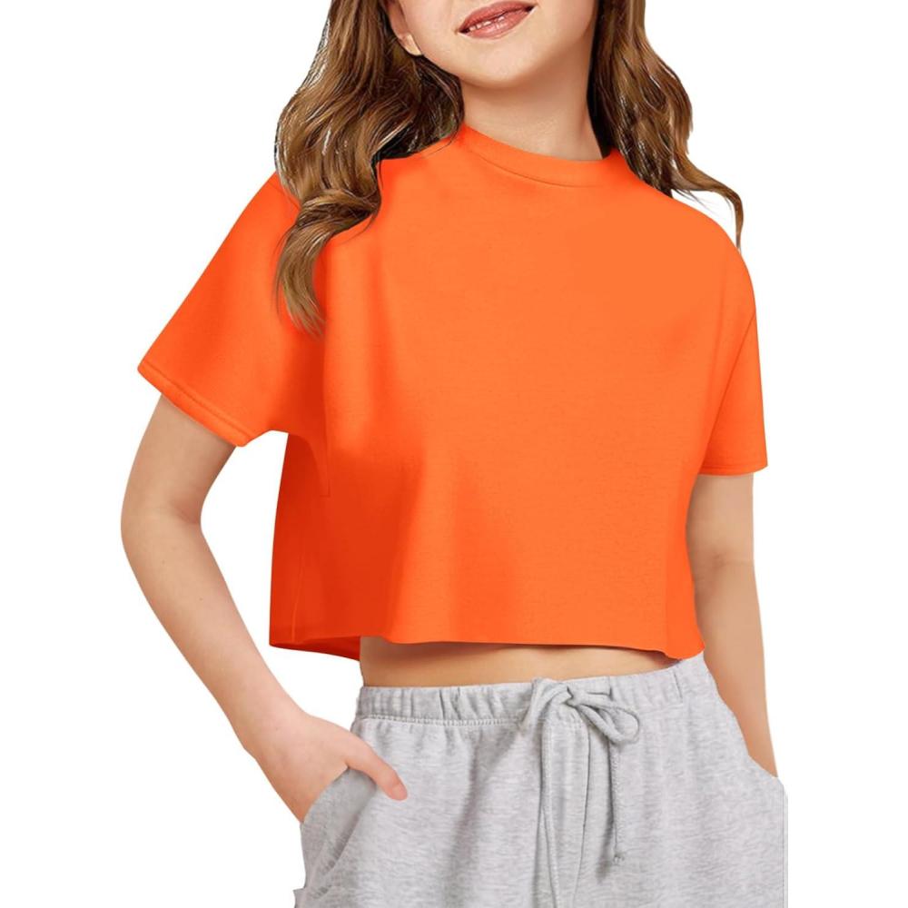 image:imageGirls Athletic Oversized Crop Tops Kids Drop Shoulder Short Sleeve T Shirts Workout Tees 514 YearsOrange
